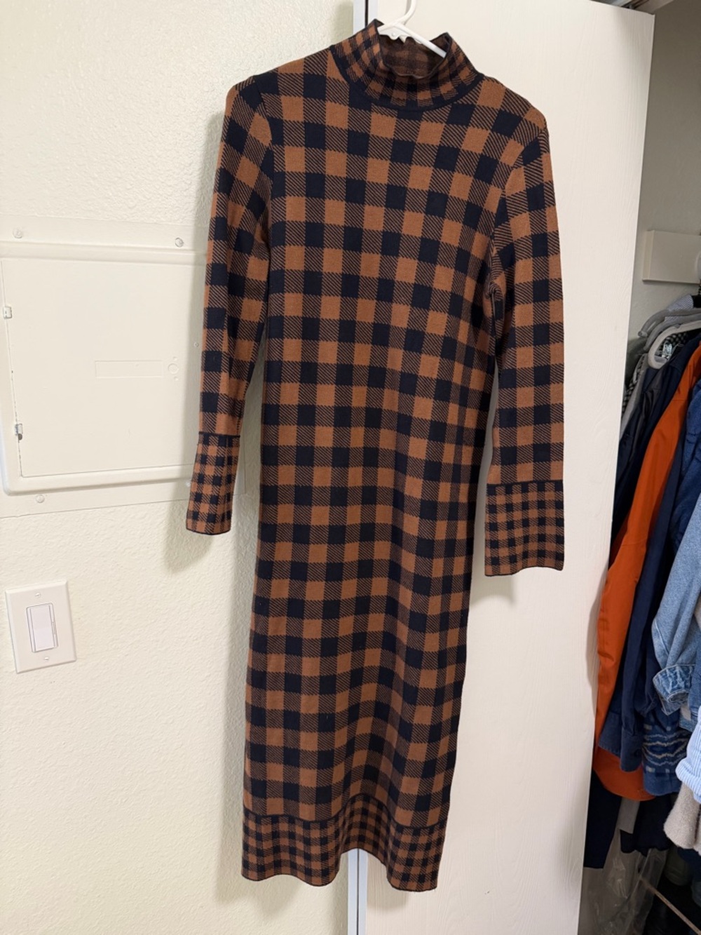 Zara Black and Brown Plaid Turtleneck Knit Dress